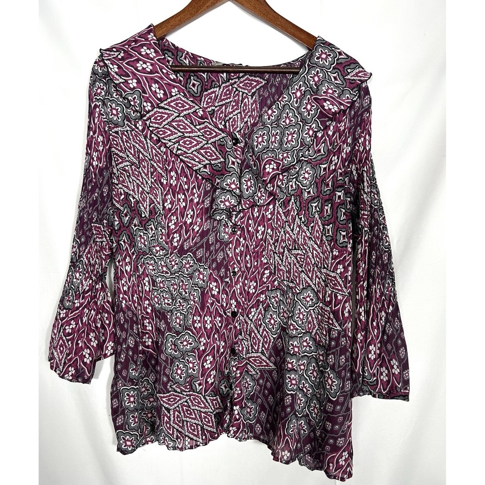 Signature LL Womens Kaleidoscope Button Up Top Size 2X Purple Artsy Eclectic Geo